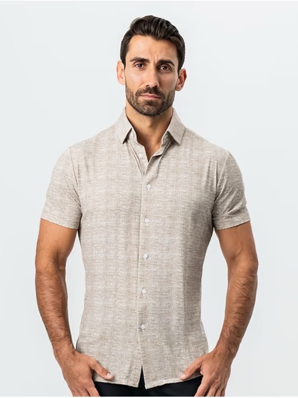 ❗️State & Liberty "THE GIOVANNI" PRINTED LINEN OLIVE SHORT SLEEVE BUTTON DOWN